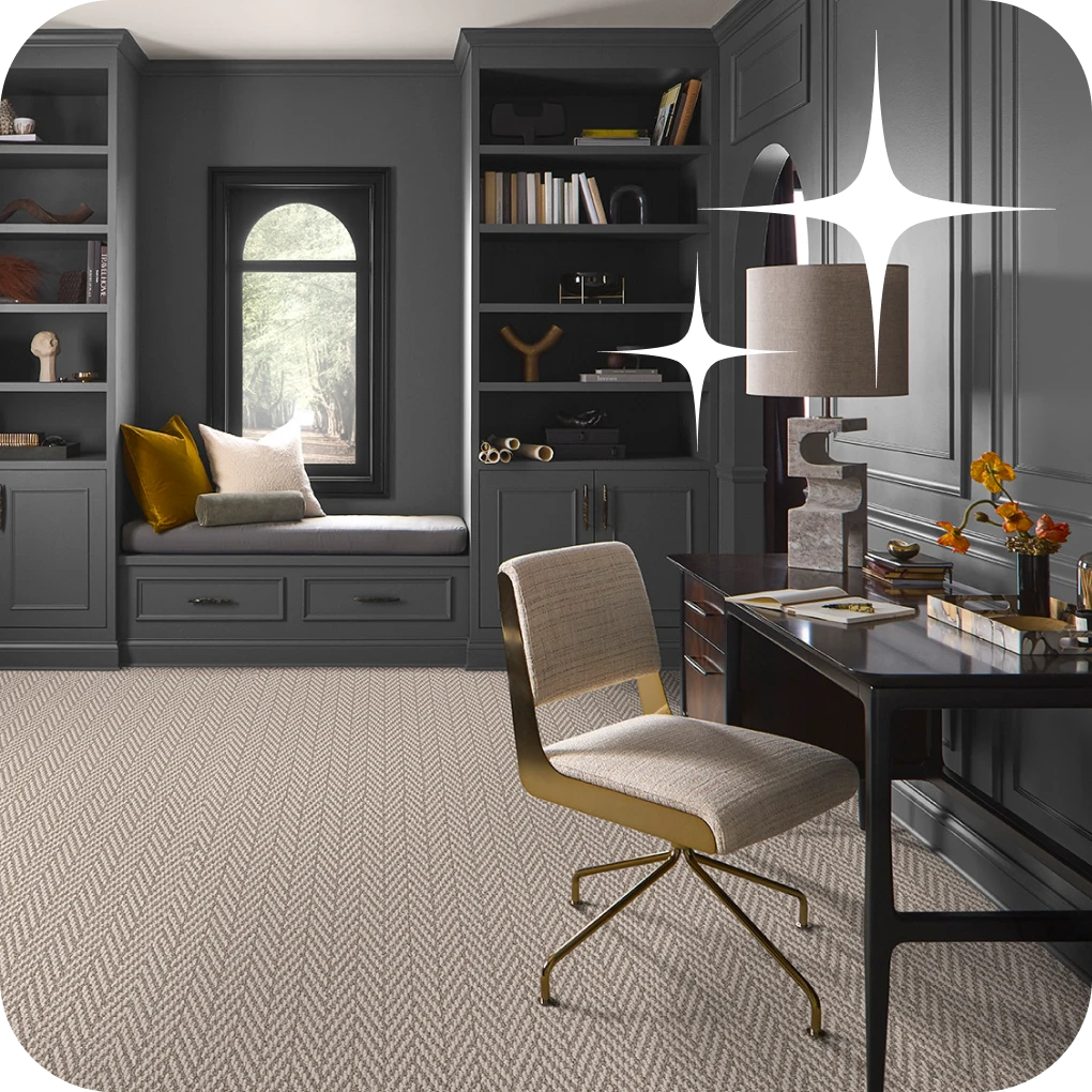 Patterned carpet in home office with gray cabinets | Lloyd's Carpets & Draperies
