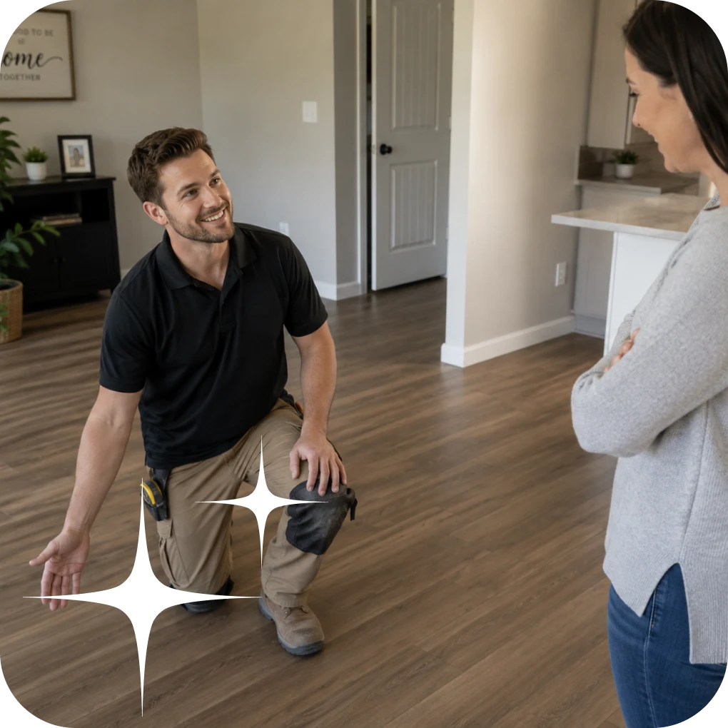 Worker reviewing new laminate flooring install with homeowner | Lloyd's Carpets & Draperies