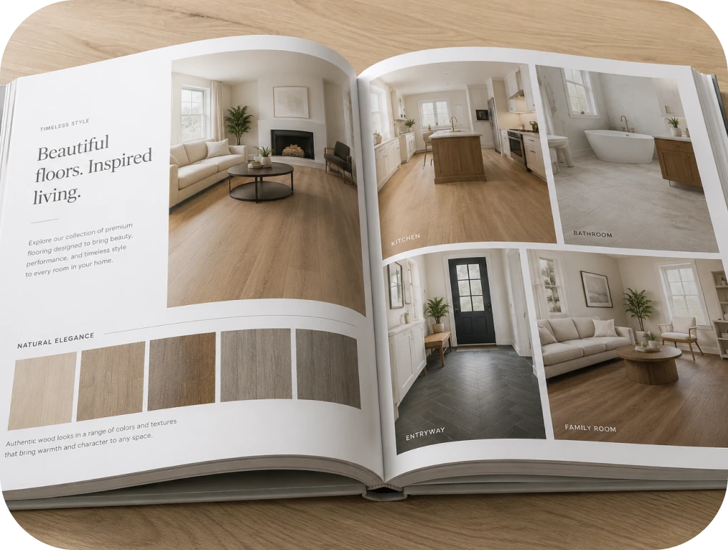 An open lookbook with inspiration images | Lloyd's Carpets & Draperies
