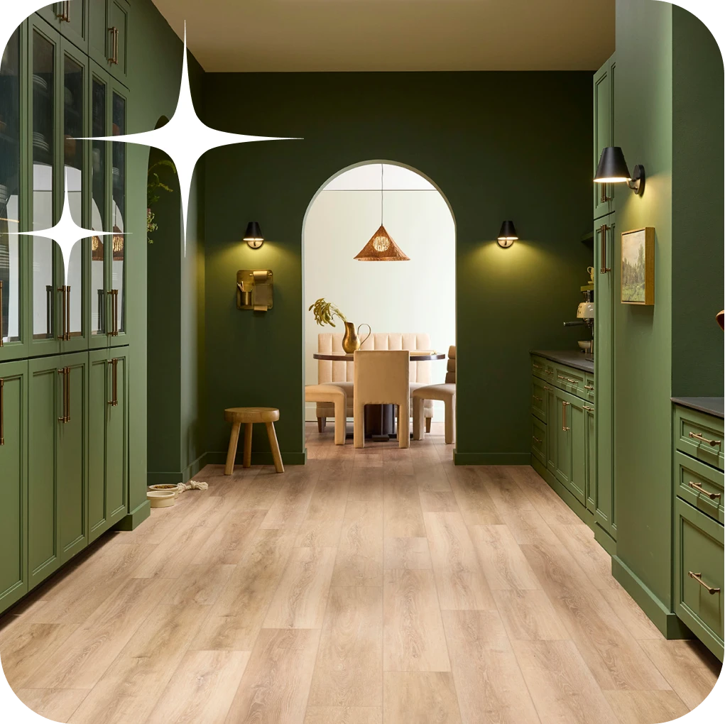 Luxury Vinyl Flooring in hallway with green cabinetry | Lloyd's Carpets & Draperies