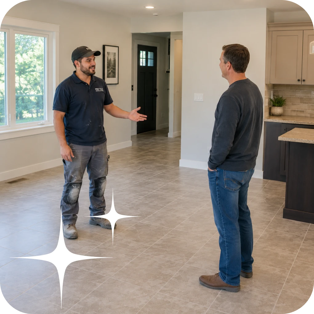 Worker reviewing newly installed tile with homeowner | Lloyd's Carpets & Draperies