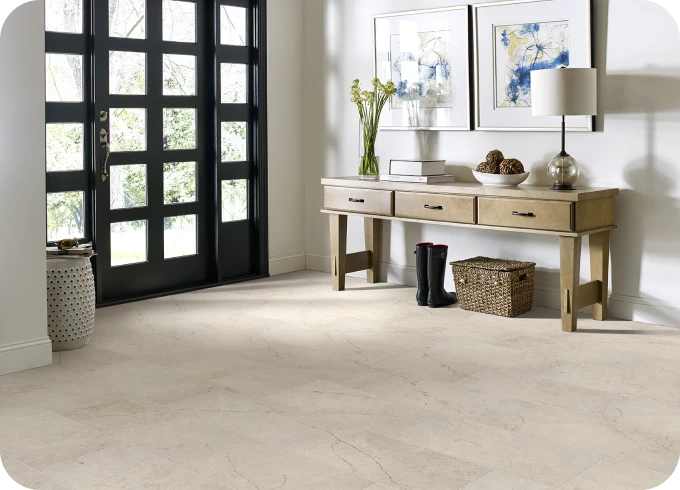 Tile floor in entry way with modern door with glass | Lloyd's Carpets & Draperies